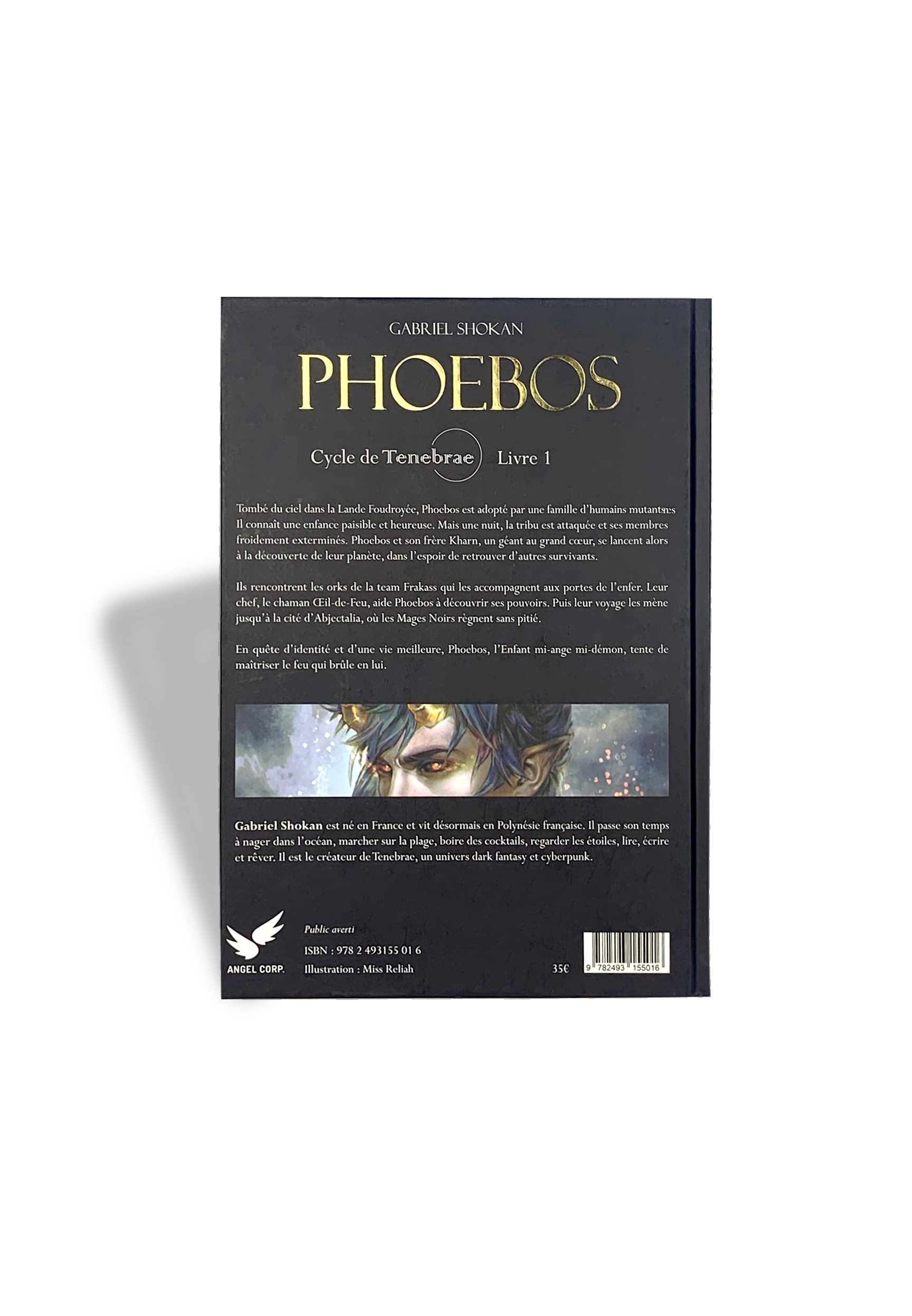 Quatrième  de couverture de Phoebos, premier roman de Darkfantasy du Cycle de Tenebrae écrit par Gabriel Shokan